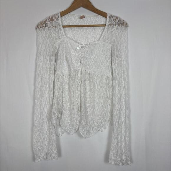 French Twist White Lace Front Open Slit Satin bow Long Sleeve Blouse Size: M - Picture 2 of 7